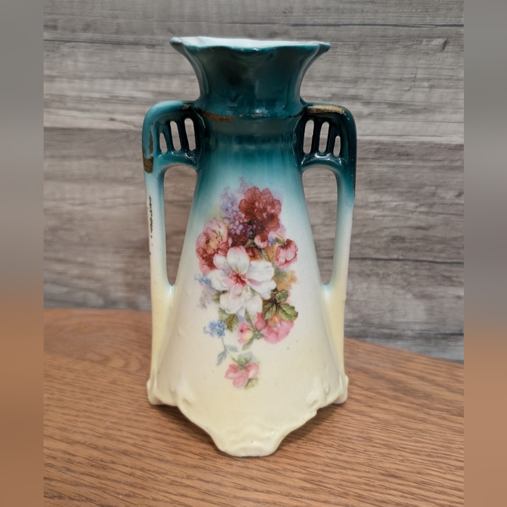 Teal and Cream Floral Ceramic Vase with Dual Handles